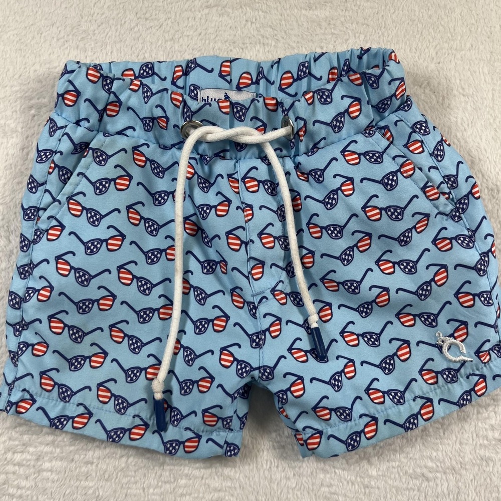 BlueQuail Swim Trunks Boys 12-18 Months Blue USA Flag Sunglasses Print UPF50+